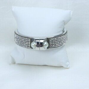 Silver-Tone Rhinestone Cuff Bracelet with Faux Pearls
